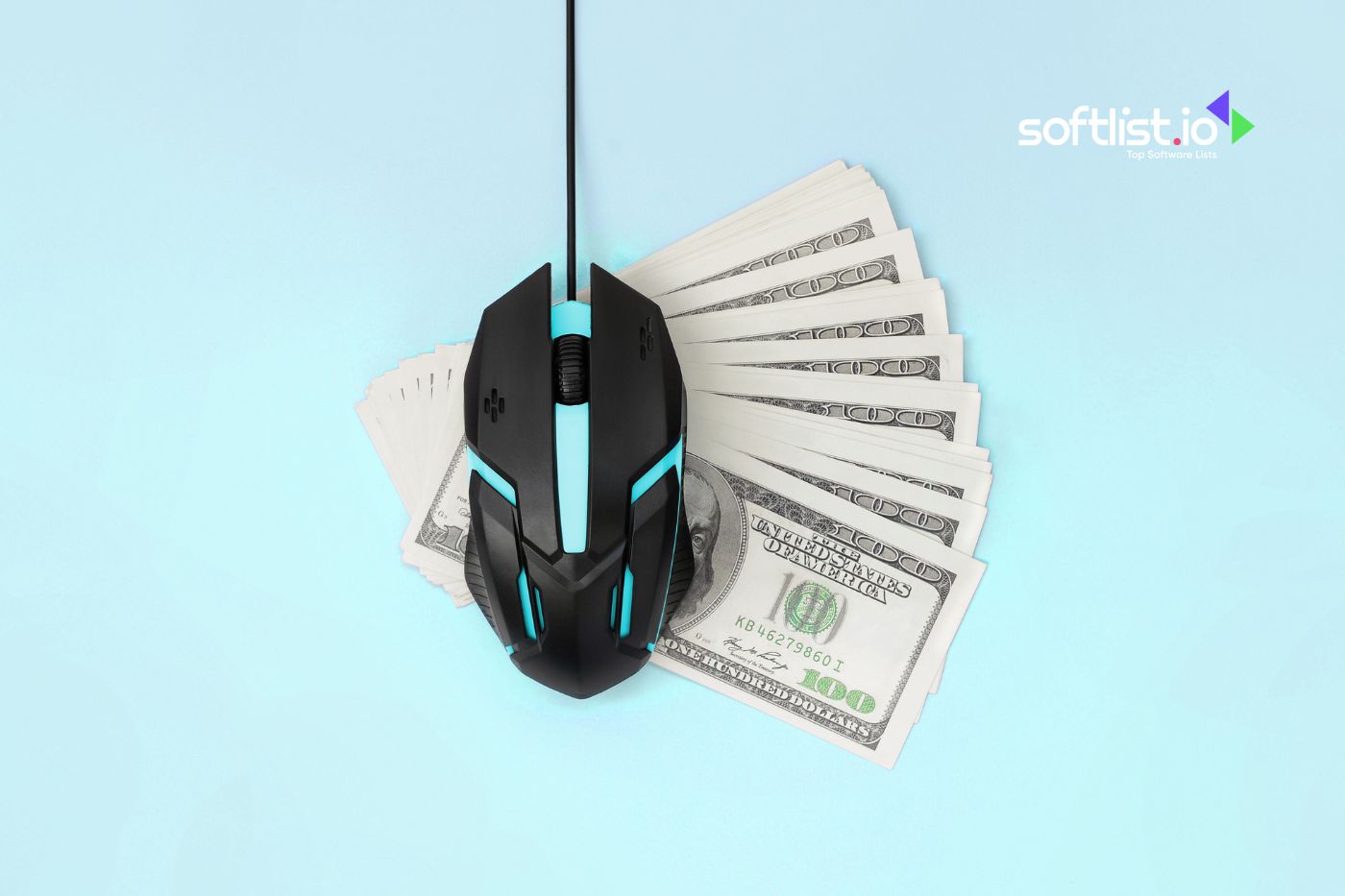 Computer mouse on money stack with softlist.io logo