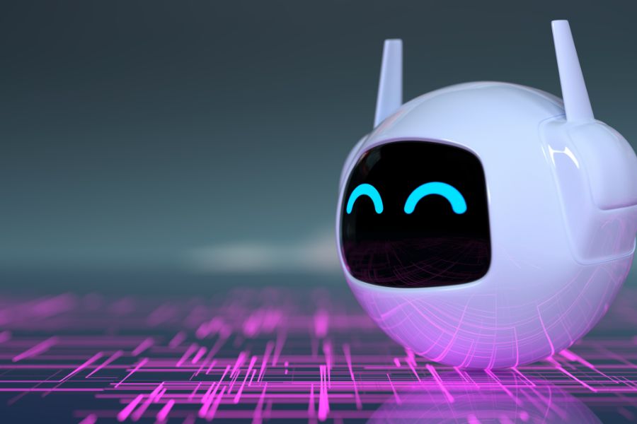 A white round robot with a black face