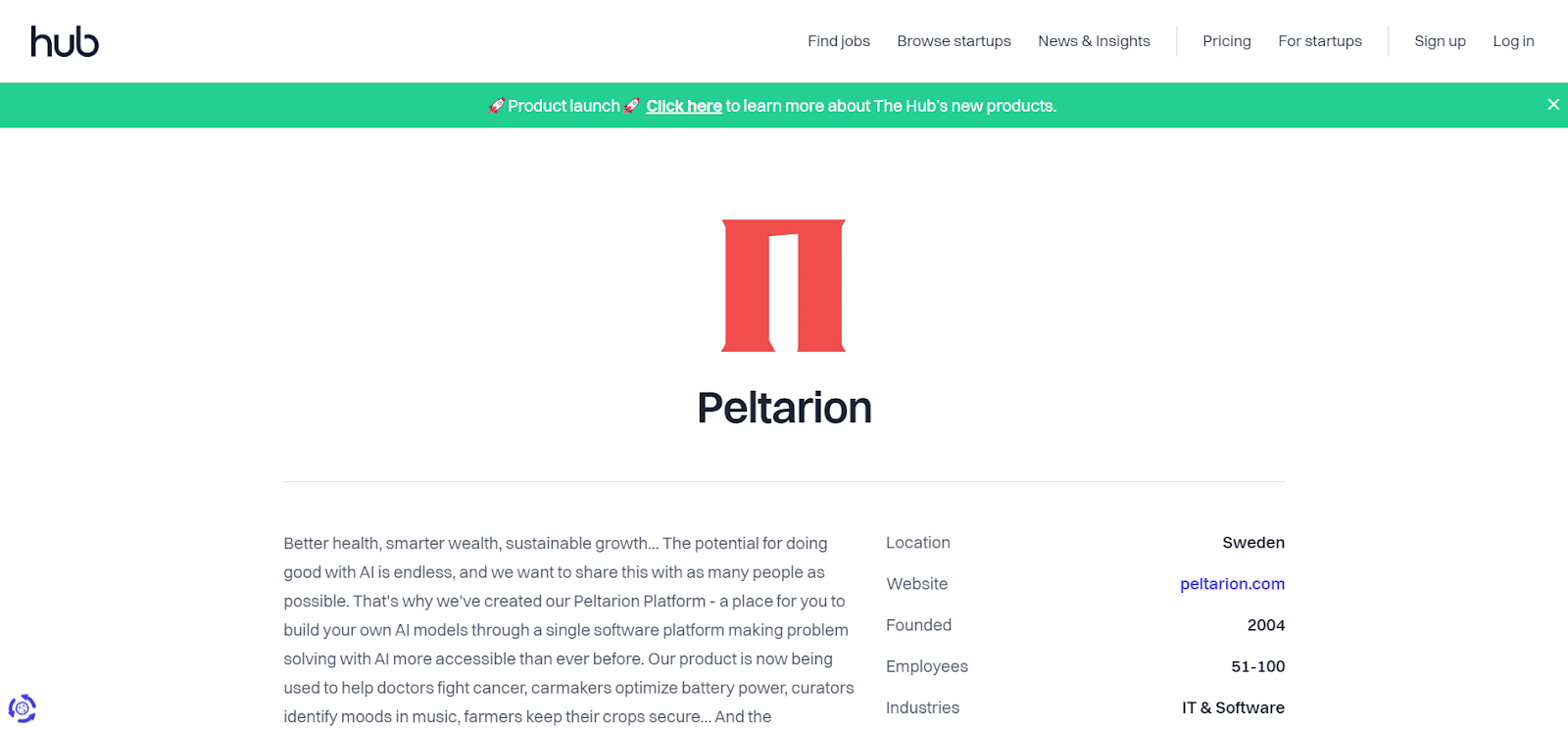 A screenshot of Peltarion's website