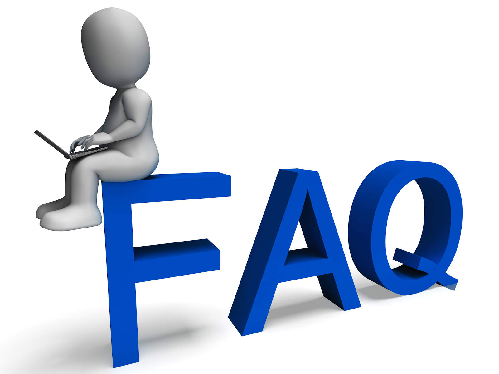 An image of an FAQ statue with a person sitting on top of the letter F while using laptop.