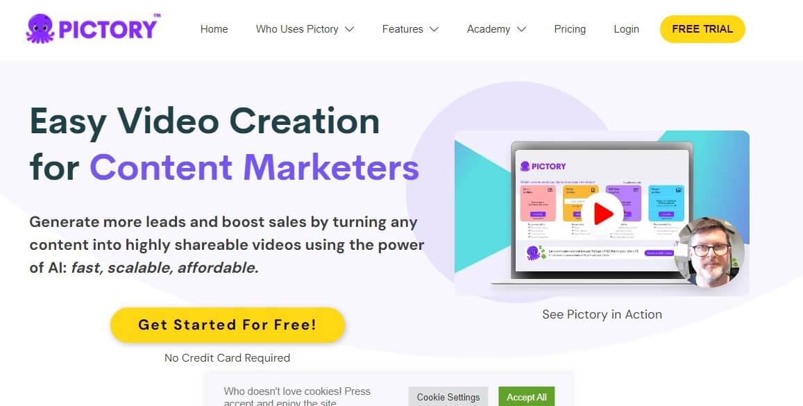 A screenshot of Pictory's website