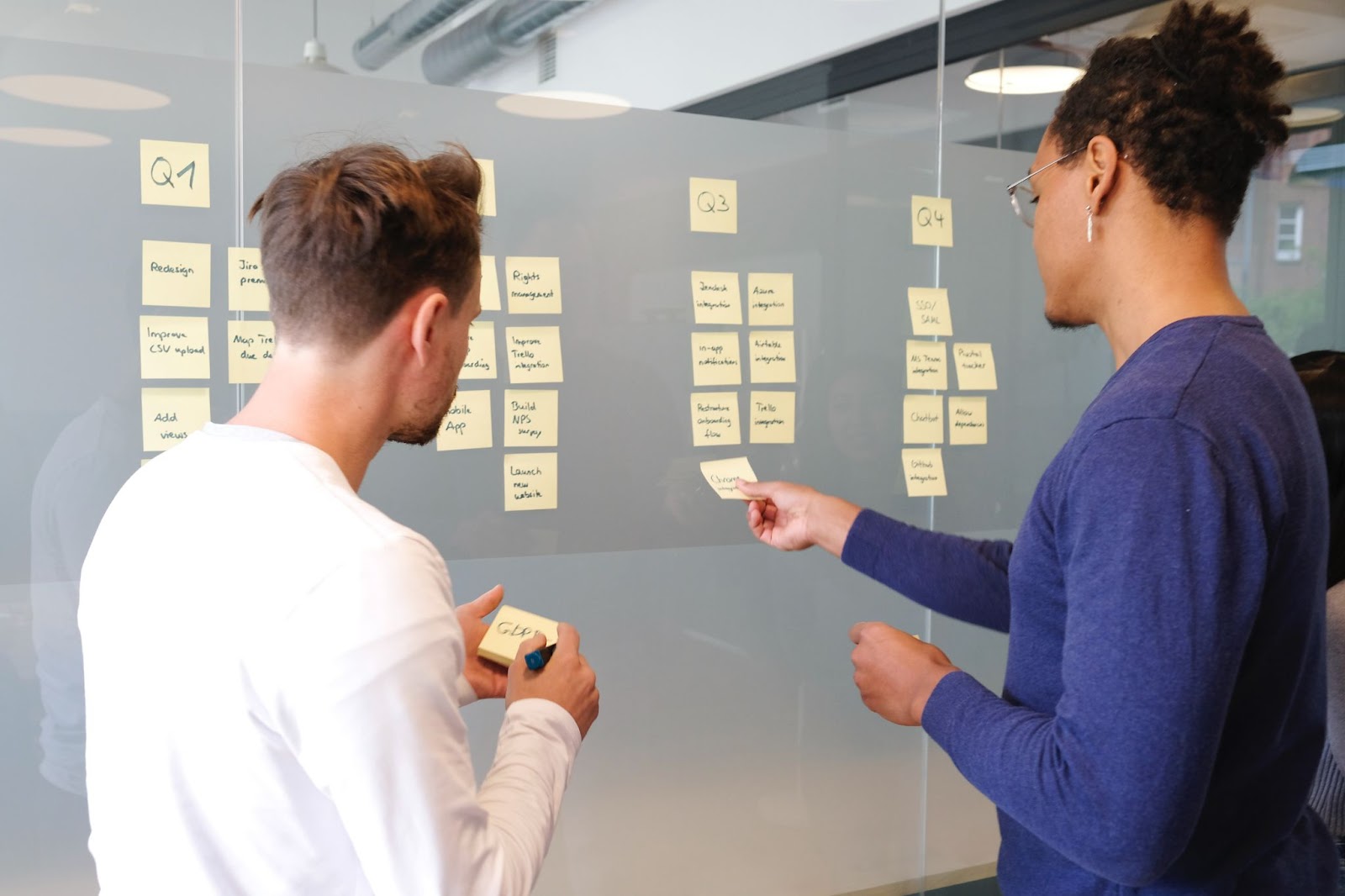 A few men looking at a whiteboard - workflow management