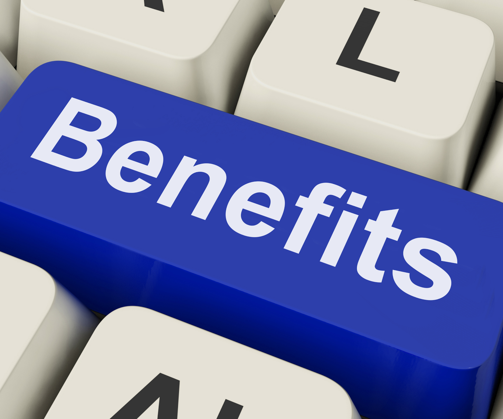 The word "Benefits" written on a blue keyboard key.