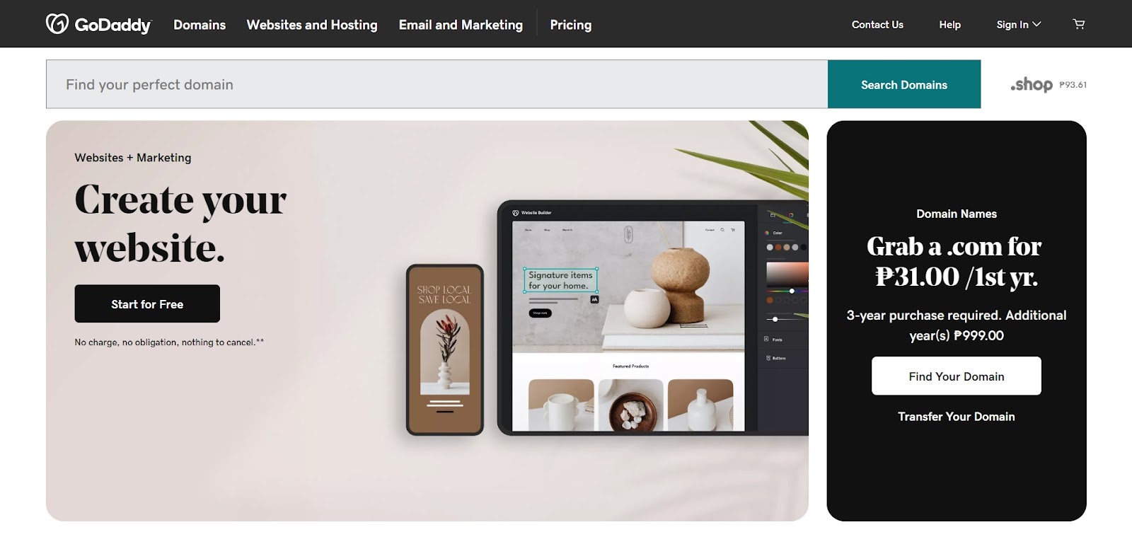 A screenshot of Godaddy's website