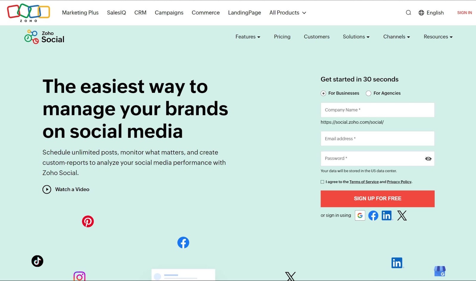 Screenshot of Zoho Social website
