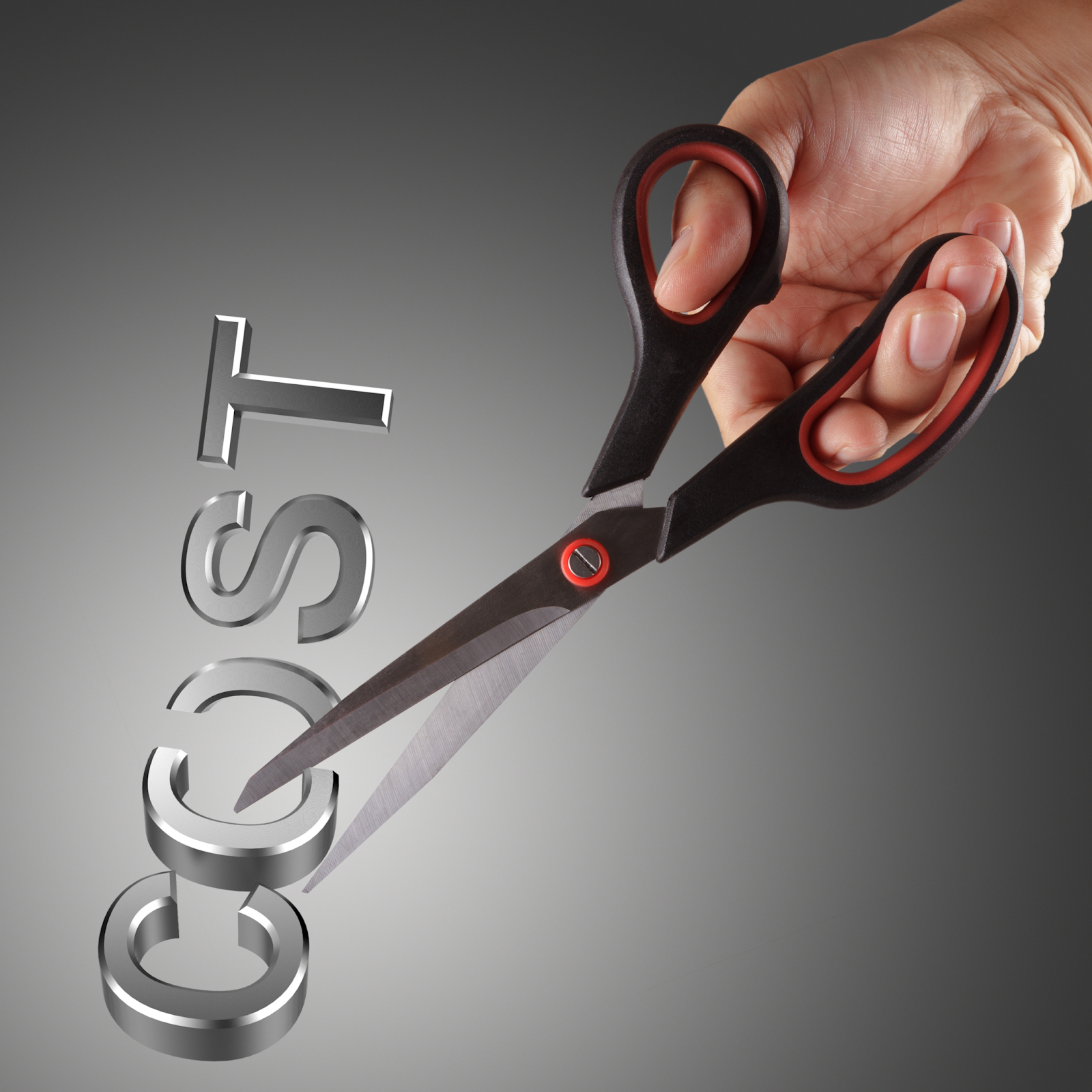 A photo of a hand holding a pair of scissors while cutting the letter O from the word COST.