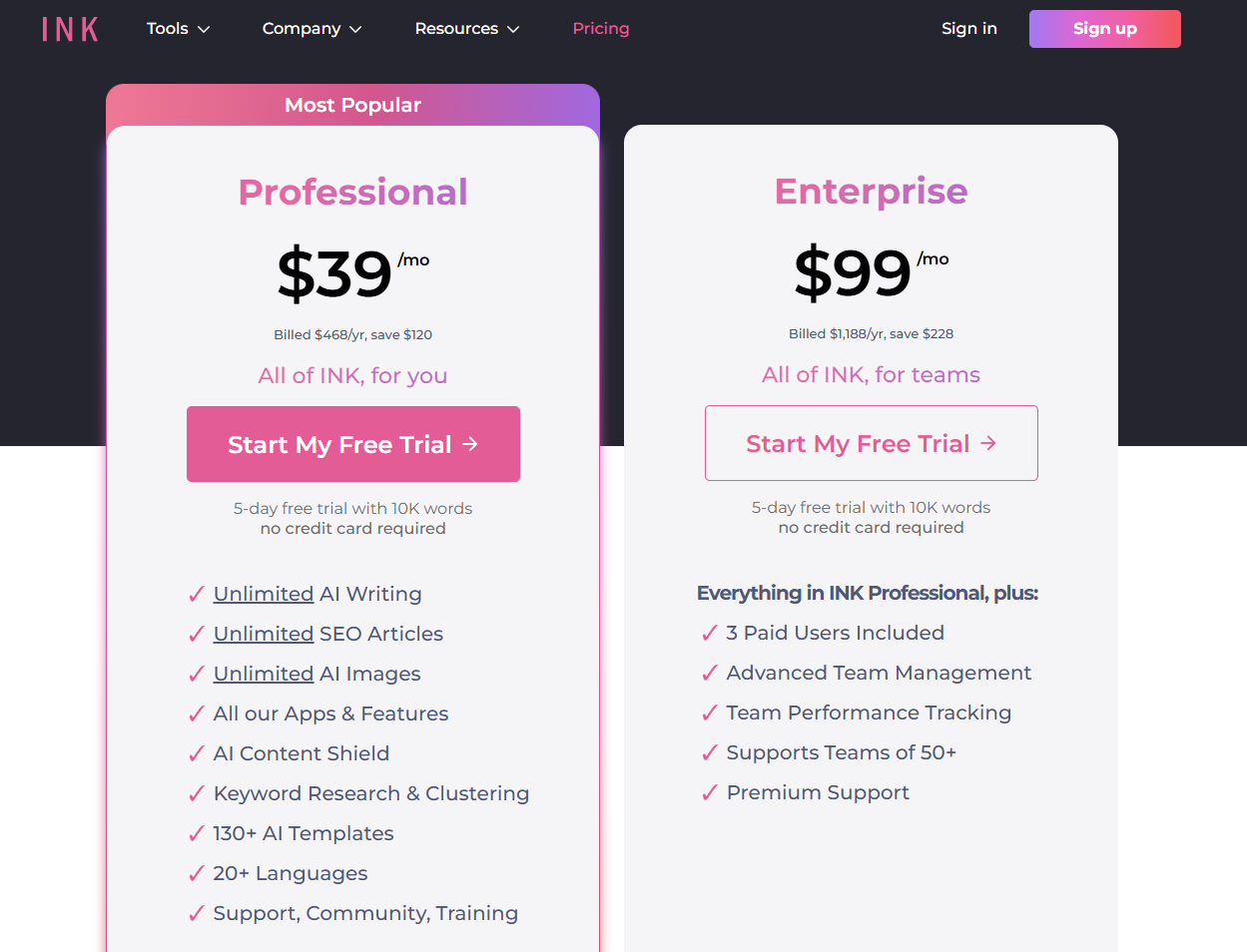 INK Pricing Plan