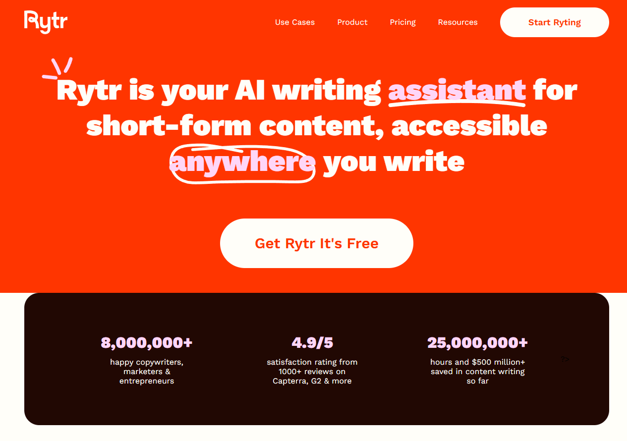 Rytr ai writing assistant homepage