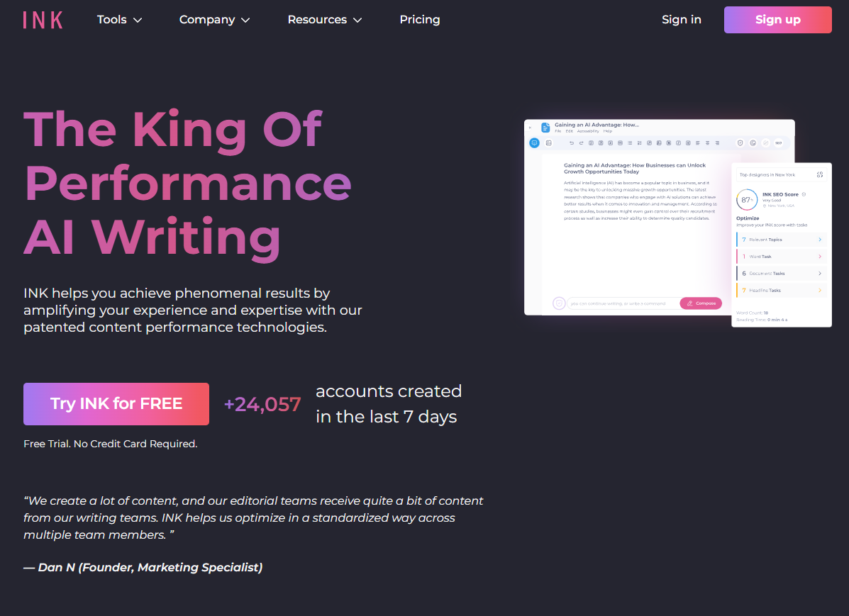 Ink ai writer homepage