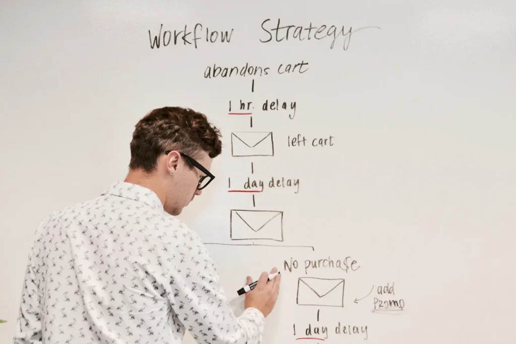 a man writing on a white board