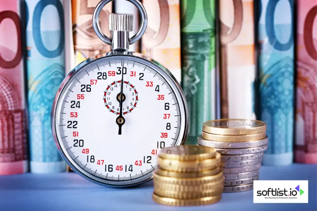 a stopwatch and stacks of coins