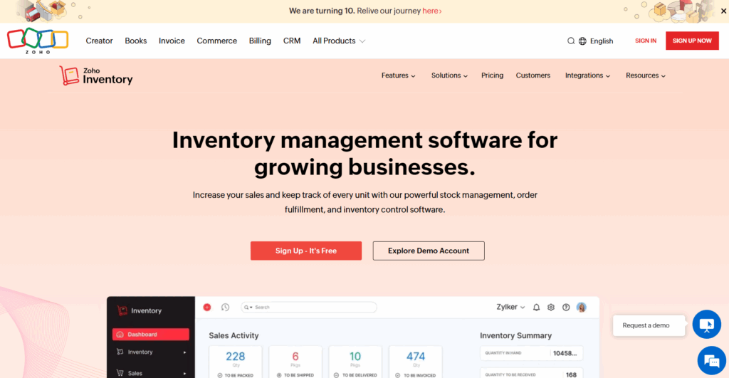 Zoho inventory homepage