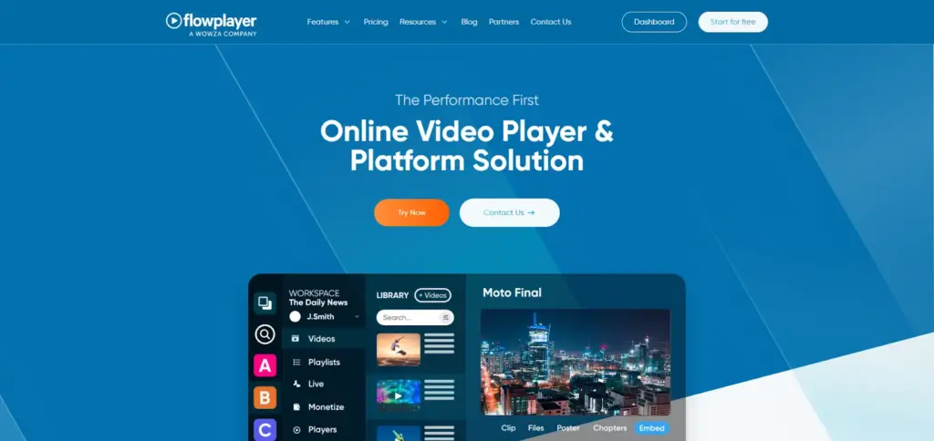 A screenshot of Flowplayer's website