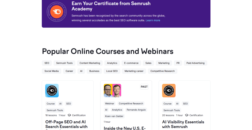 SemRush Academy homepage