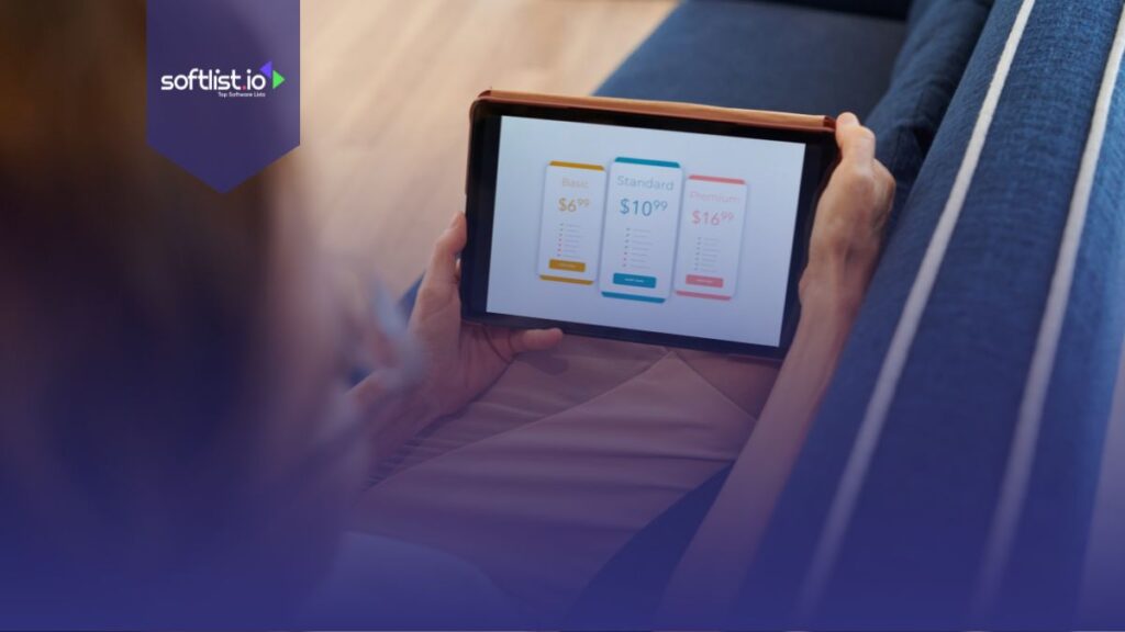 A woman choosing a pricing plan on her tablet.