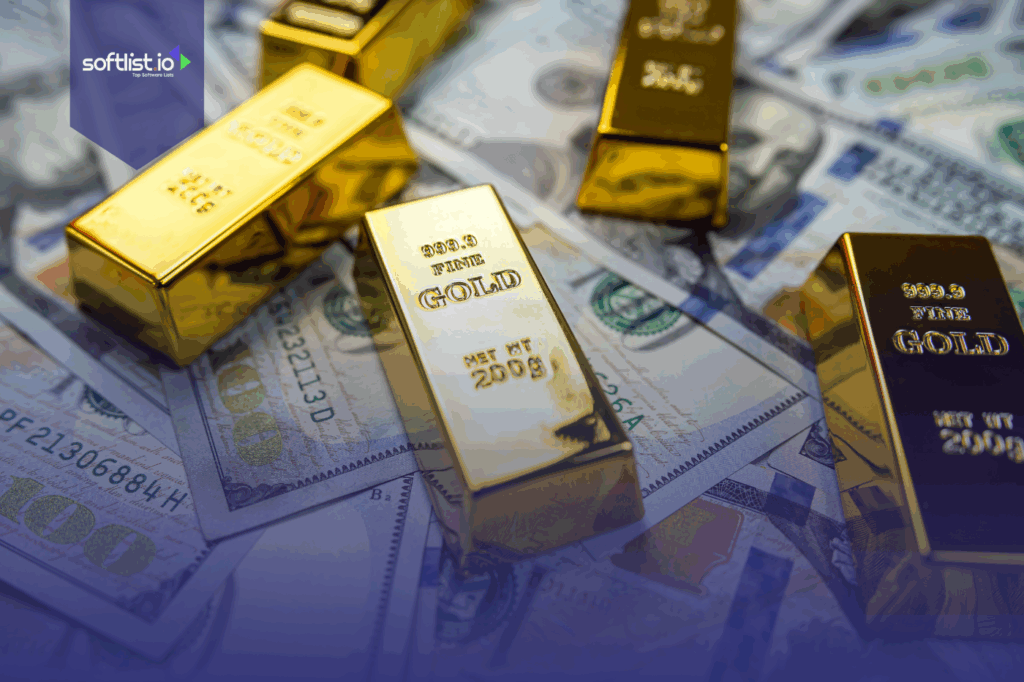 Gold bars placed on top of scattered U.S. dollar bills.