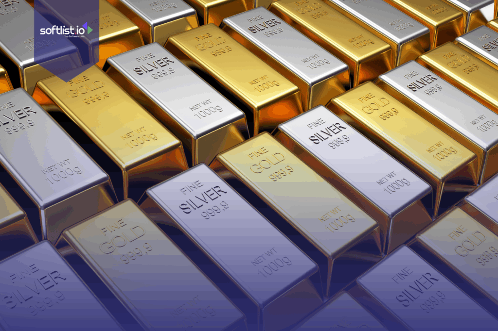 Rows of gold and silver bullion bars neatly stacked.
