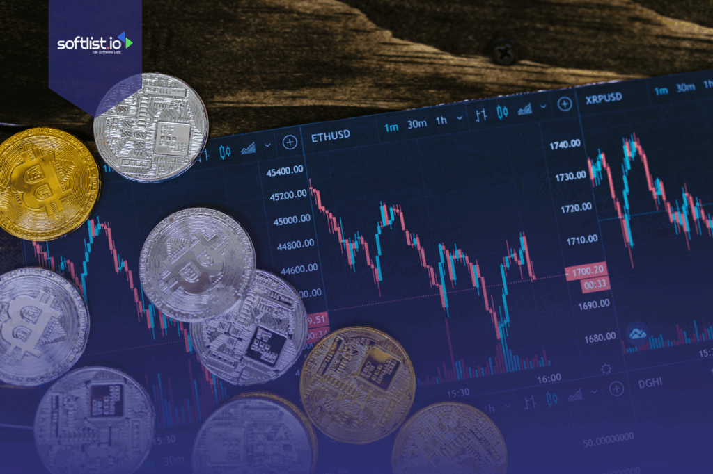 Gold and silver coins overlaid on a financial trading chart.