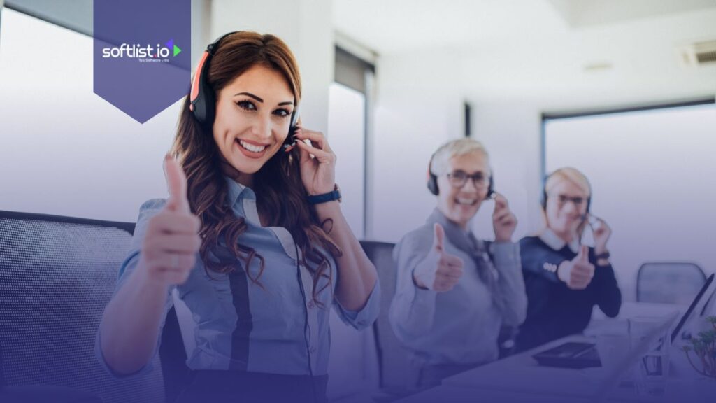 Smiling young woman working at a call center