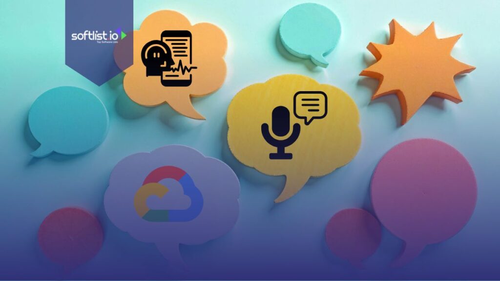 colorful speech bubbles with icons of a microphone, soundwaves, and the Google Cloud logo.