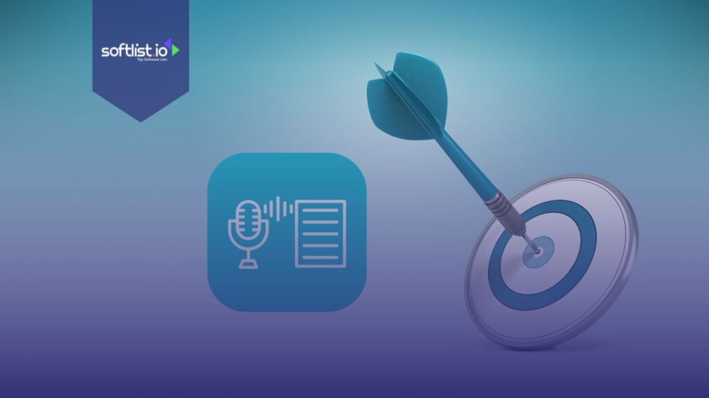 Target with a dart, alongside an icon of a microphone and document, symbolizing focus and transcription.