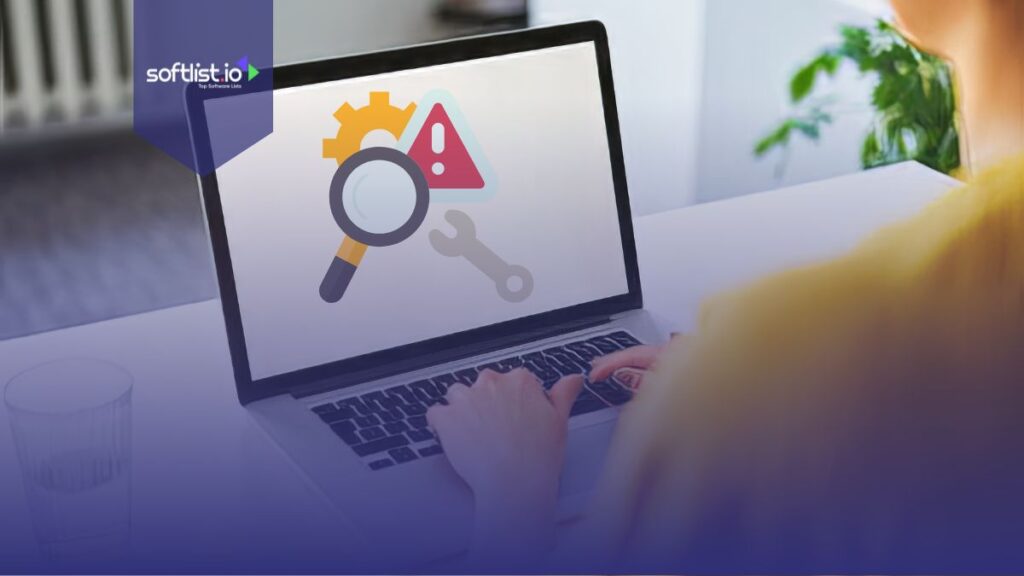 Person using a laptop with a magnifying glass, wrench, and warning icon.