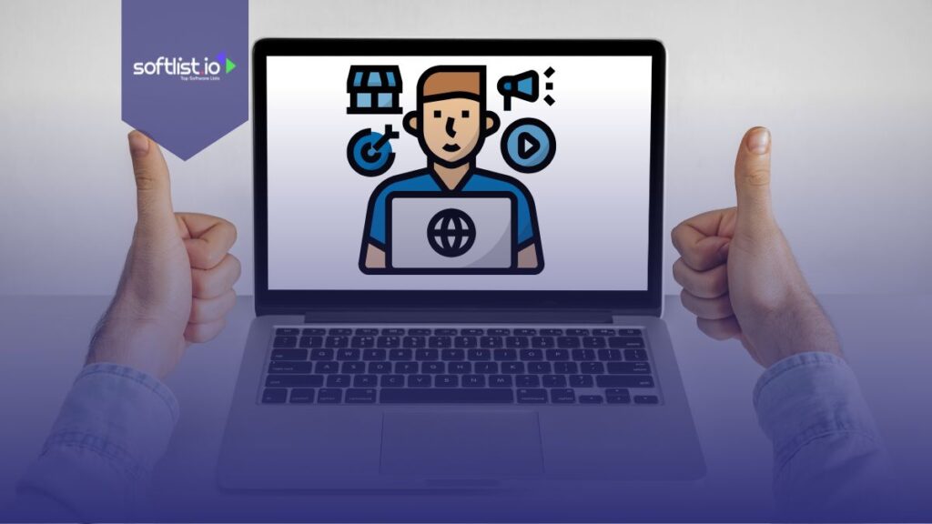 Person giving a thumbs up in front of a laptop with icons on the screen.