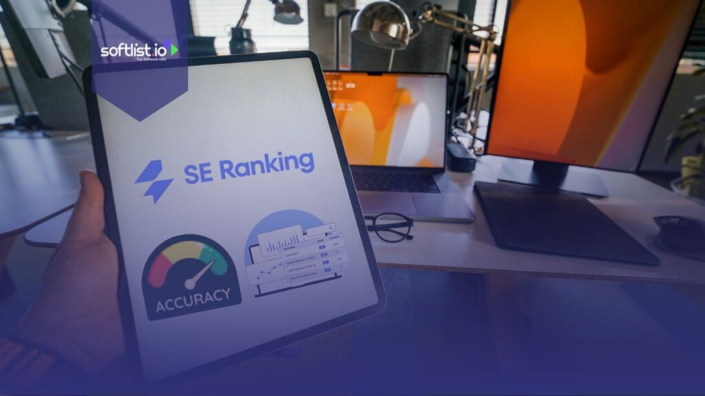Tablet showing SE Ranking logo, rank tracking and accuracy graphics.