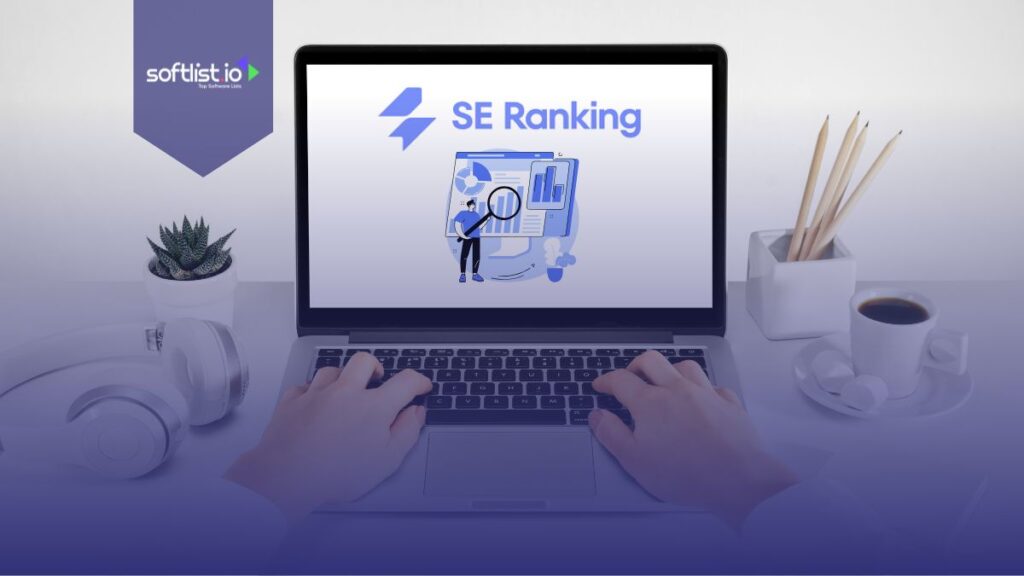 SE Ranking logo and website audit graphic on woman's laptop screen.