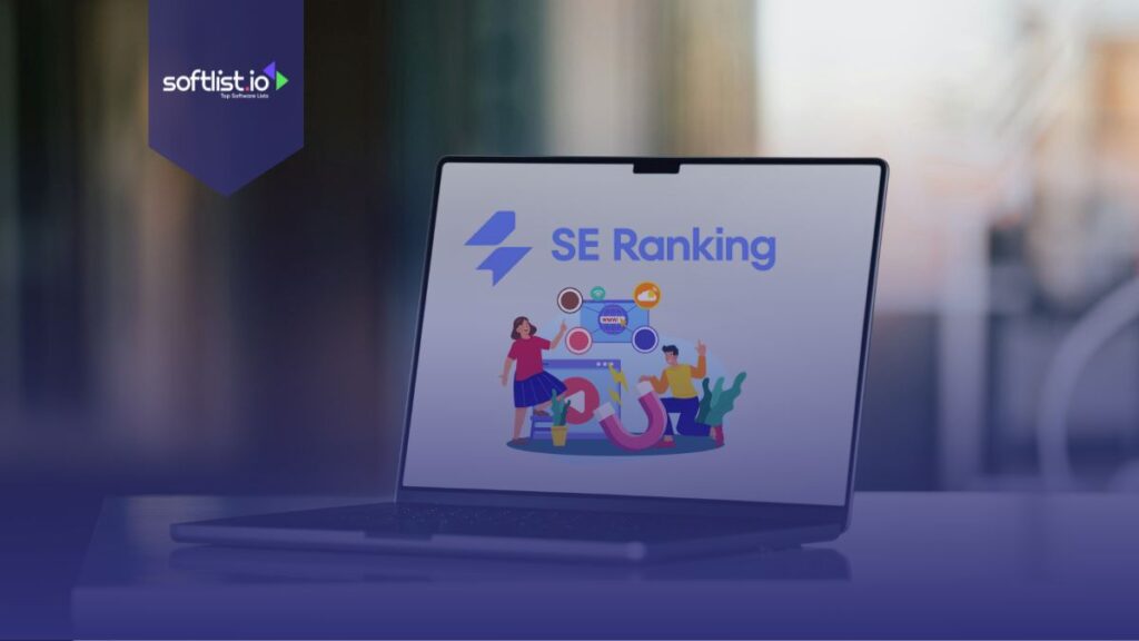 SE Ranking logo and other platform graphics in laptop screen.