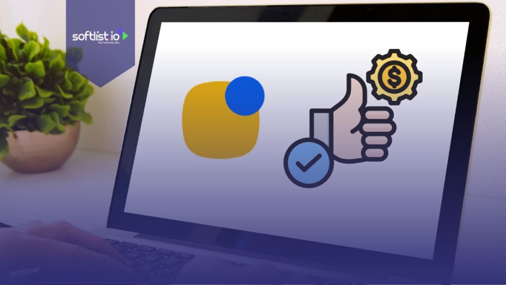 Reply.io logo with a like and dollar graphic in a laptop screen.