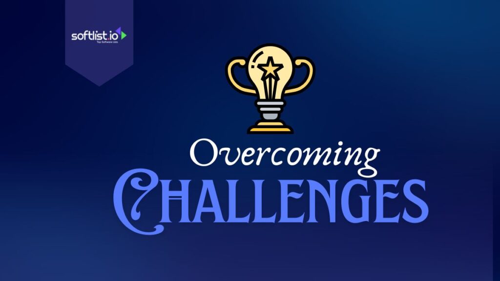 Overcoming challenges and a lightbub graphics in blue background.