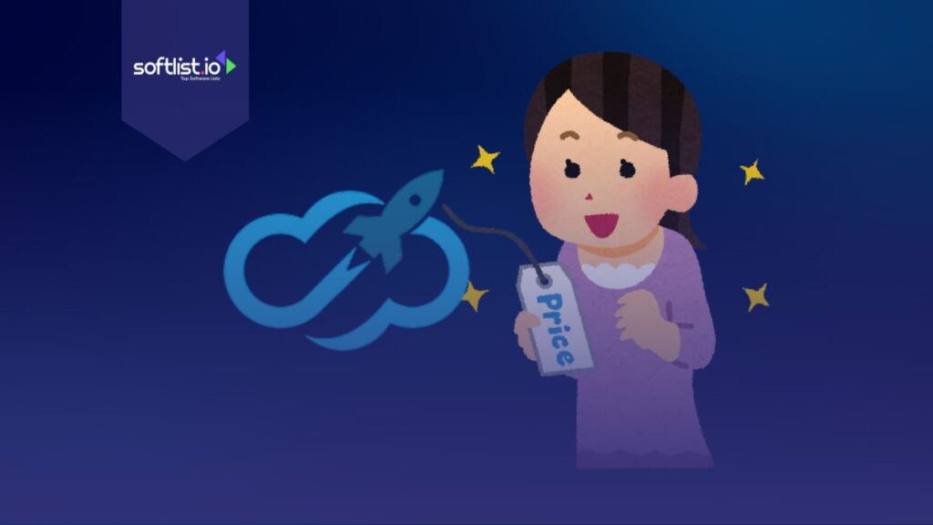 Young woman holding a price tag graphic with Expandi IO logo.