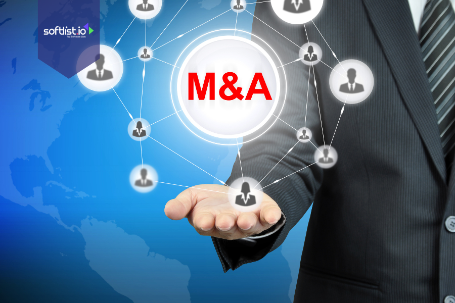 Businessman holding a digital M&A network interface, symbolizing global connectivity and strategic collaboration in mergers and acquisitions.