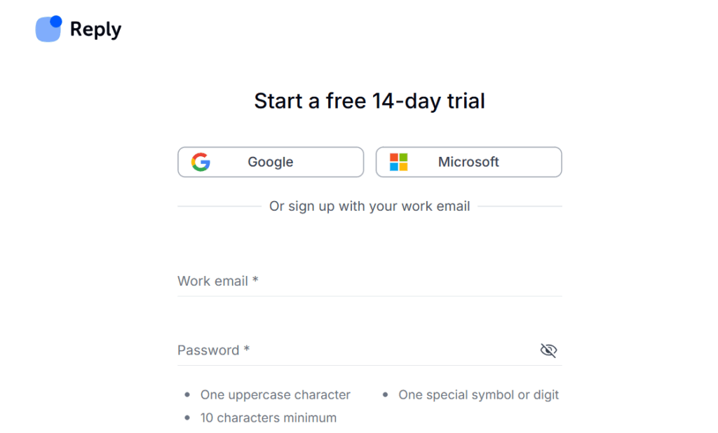 Reply.io Sign Up dashboard