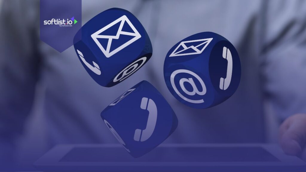 Floating blue cubes with contact icons (email, phone, and @ symbol) above a tablet