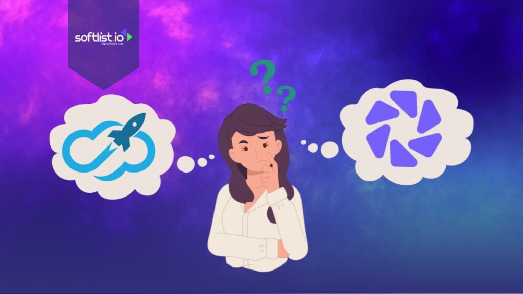 Confused woman choosing between Expandi and Dripify logos, with a softlist.io banner above.