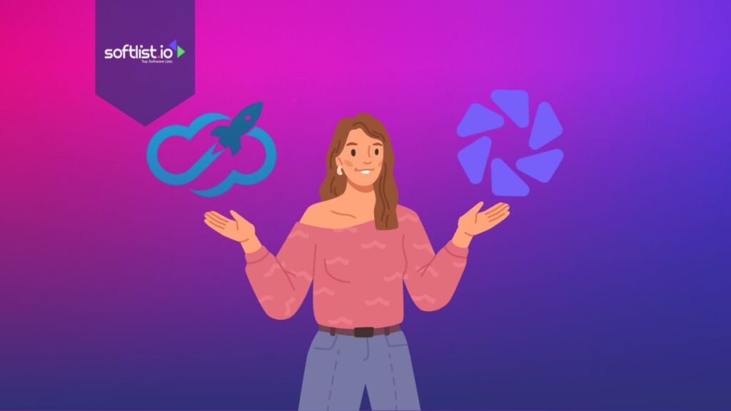 Smiling woman weighing Expandi and Dripify with their logos above her hands and a softlist.io banner above.