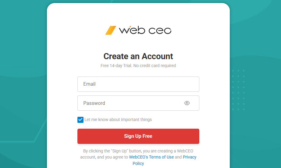 WebCEO SignUp Page.