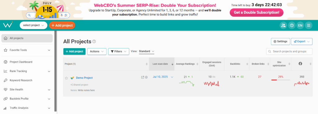 WebCEO Sample Interface