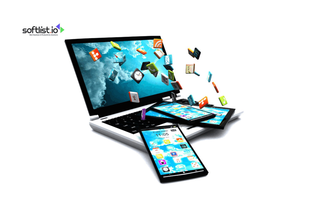 Vertical AI: A laptop, smartphone, and tablet with digital icons bursting outward, symbolizing the diverse real-world applications of Vertical AI across devices and industries