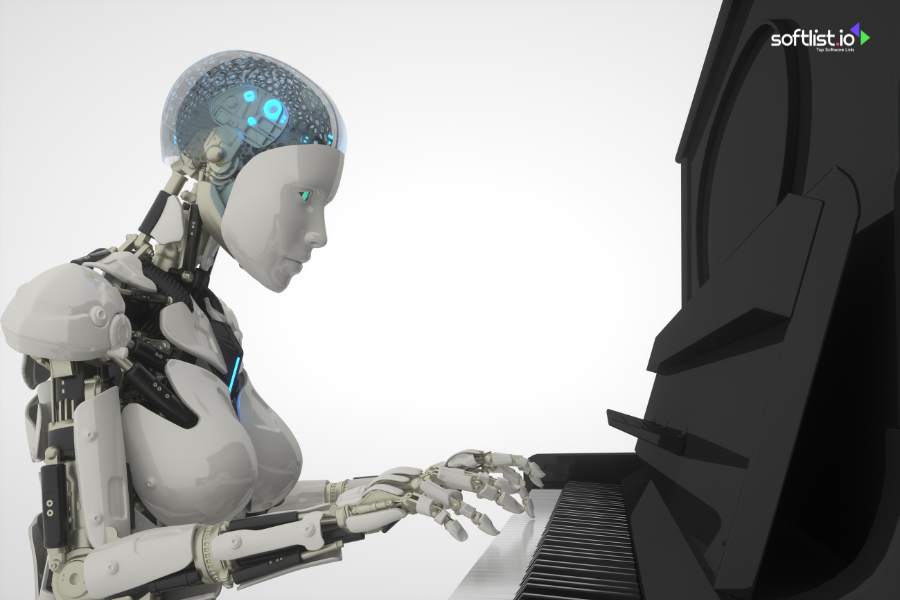 A humanoid robot with a transparent head interface sits at a piano-style keyboard, symbolising the role of AI in modern content creation.