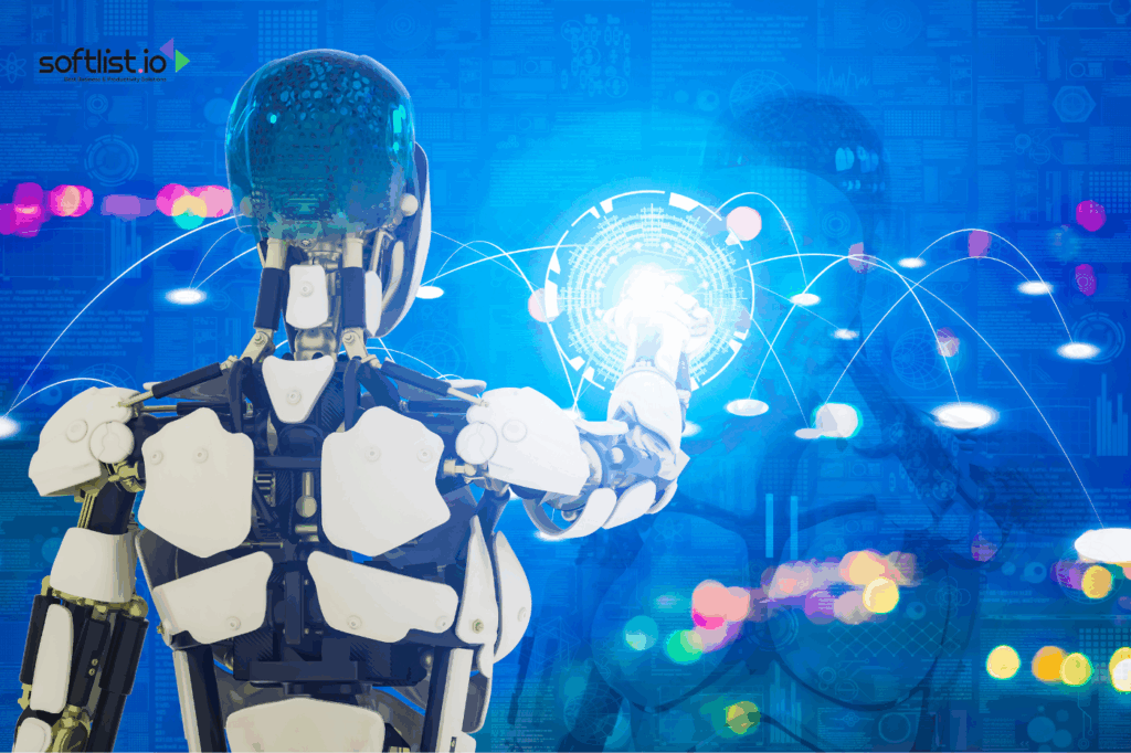 Vertical AI: A humanoid robot interacts with a glowing digital interface, representing how Vertical AI platforms are powering industry-specific innovations