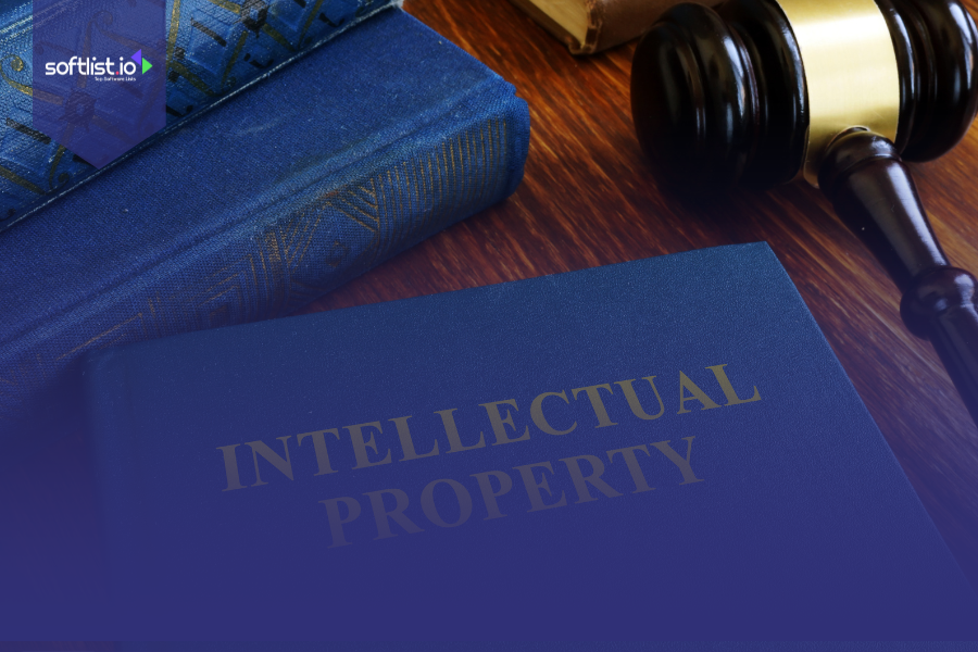A gavel and law books, including one titled "Intellectual Property," representing the legal aspects of content creation and copyright protection.