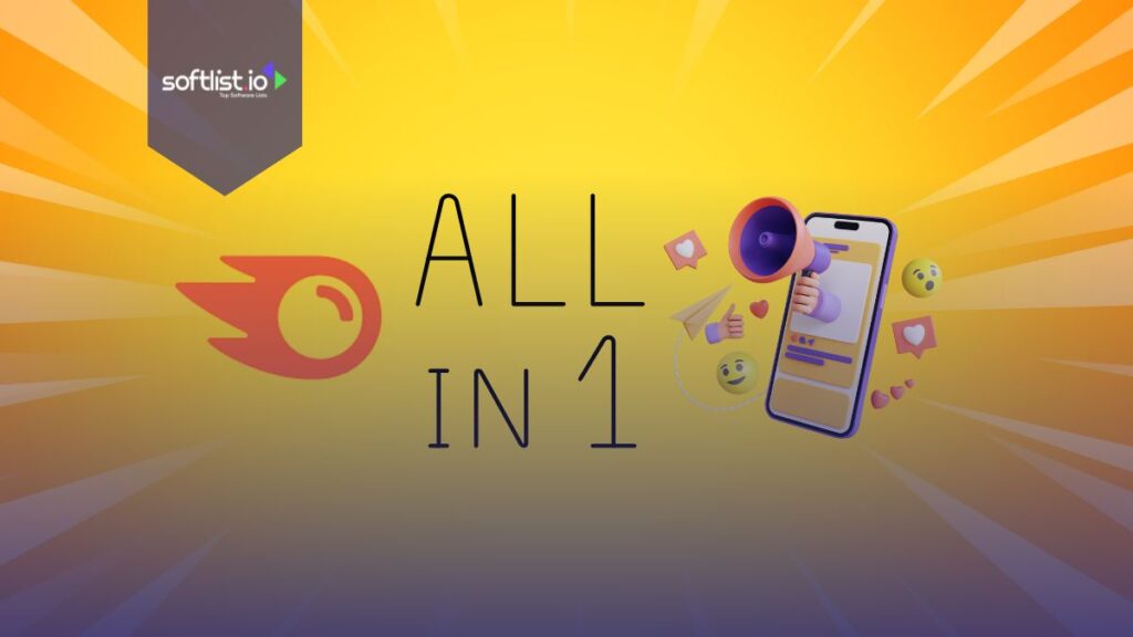 Semrush logo, All in 1, and marketing graphics in a yellow background.