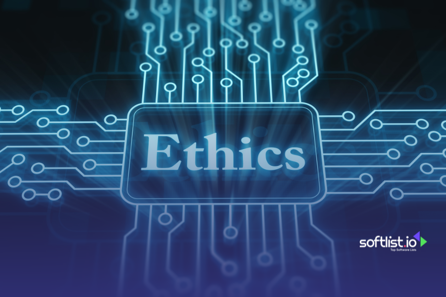 Digital illustration of the word 'Ethics' on a circuit board background, symbolizing ethical AI in content creation during ongoing legal battles.
