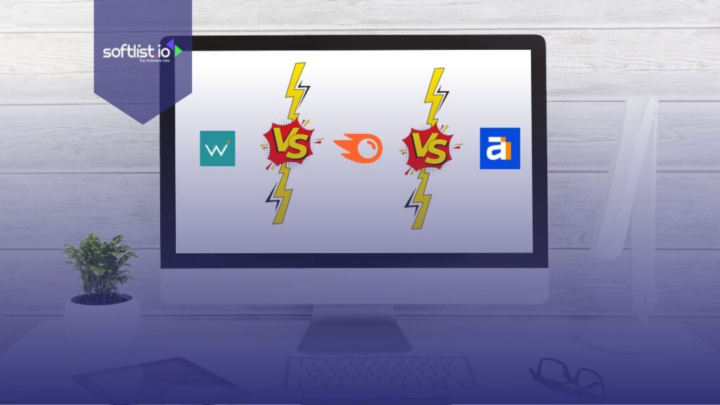 WebCEO, Semrush, and Ahrefs logos with V/S graphics on a desktop screen.