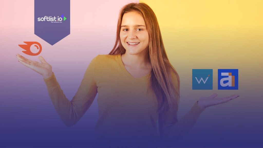 Semrush, WebCEO, Ahrefs logo on a woman's palm in pink and yellow background.