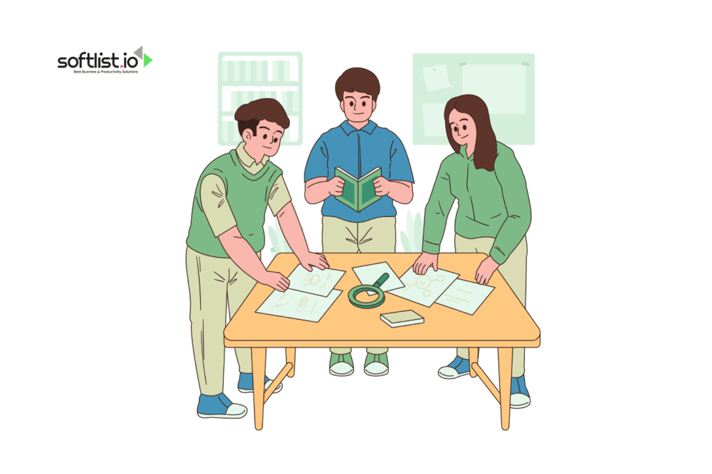 Illustration of three people collaborating at a desk with documents, representing Low-Code No-Code use cases across industries.