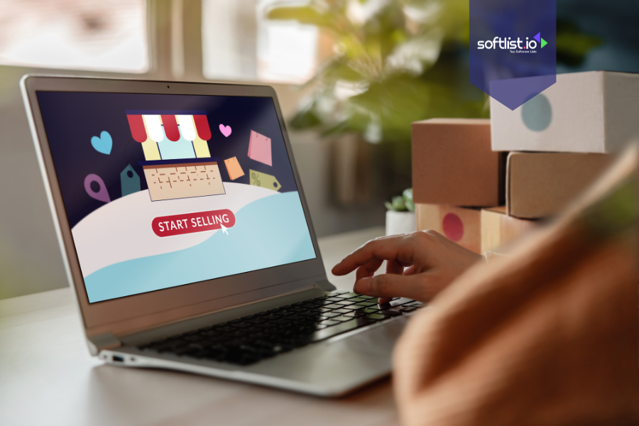 Person clicking "Start Selling" on laptop screen, representing how to sell an online business.